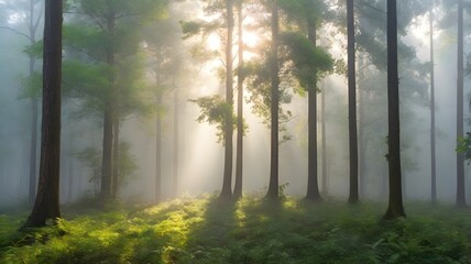 Obraz premium Sunlit Forest: Misty Morning Scene with Tall Trees and Greenery