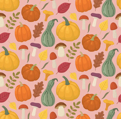 Seamless autumn pattern with pumpkins, leaves and mushrooms. Fall season cute background