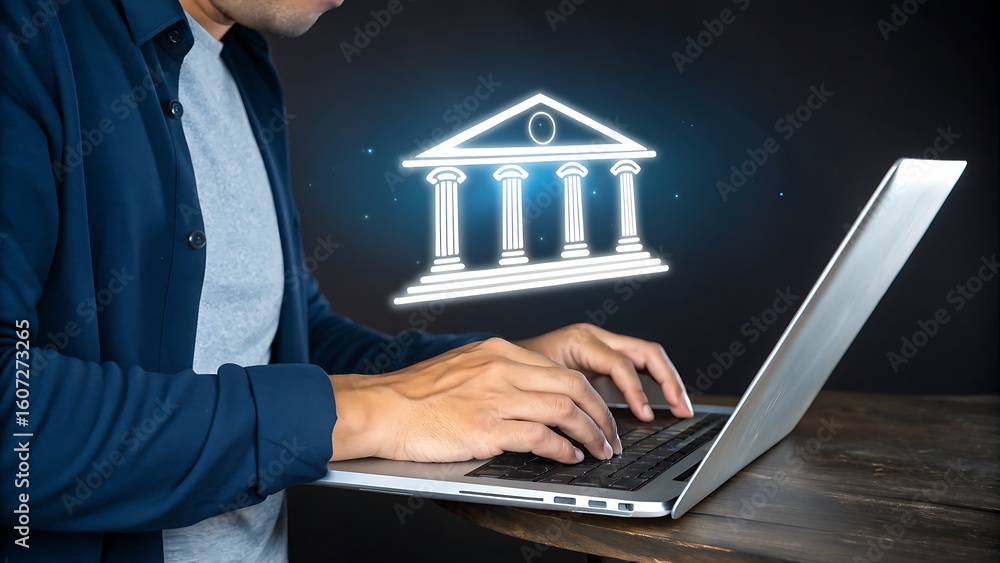 Aufkleber person using laptop with glowing building structure overlay for professional services online.