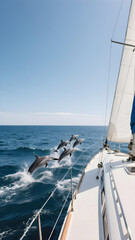 Fototapeta premium Wide-angle side view of a sleek white sailing yacht gliding on deep blue ocean with dolphins leaping nearby.