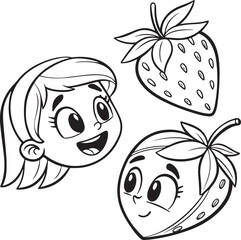 Cartoon Girl with Two Strawberries Black and White Illustration For Children