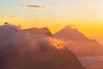 Picturesque sunrise colors in the Dolomites Mountains, Italy, in summer