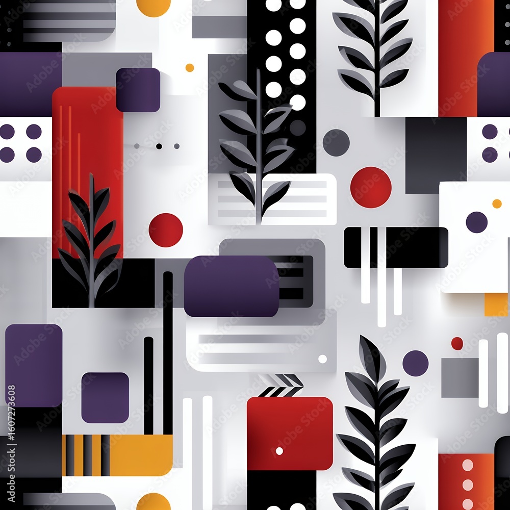 Poster abstract geometric pattern with red black white shapes and botanical elements