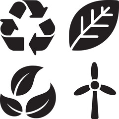 Eco friendly icons vector design: recycle symbol, leaf, renewable energy, nature and environment concept