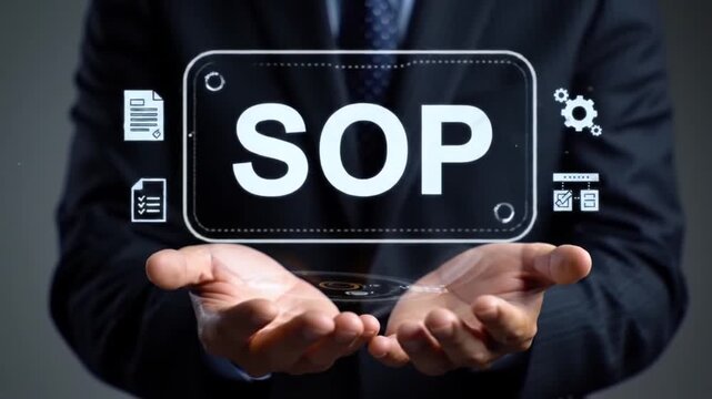 SOP Standard Operating Procedure Hologram Concept on Hands in Business Suit, Governance, Compliance, Policy, and Management.