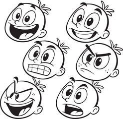 Variety of Cartoon Boy Faces Depicting Different Emotions, Expressing a Wide Range of Feelings