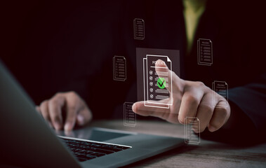A corporate staff selects a digital policy document with a green checkmark, symbolizing policy...
