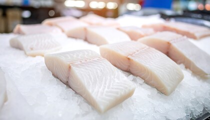 Fresh cod fillets glistening on a bed of ice, a showcase of seafood offerings chilled and ready