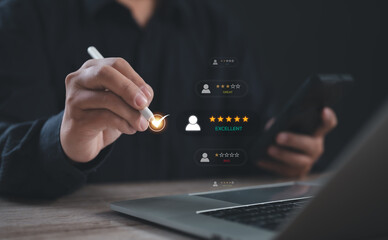 Professional using stylus to select excellent feedback with five-star rating on a digital interface, symbolizing quality review, customer satisfaction, and modern performance evaluation.