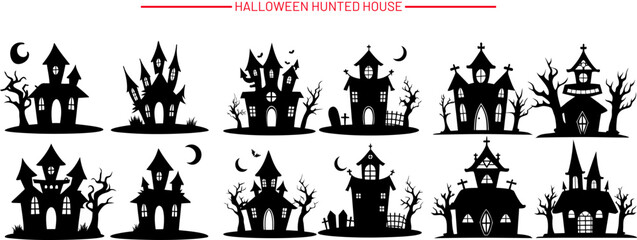 A big bundle of halloween haunted house silhouette set. vector illustration perfect for halloween project