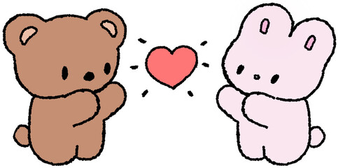 하트를 주고받는 곰과 토끼 캐릭터 손그림 스티커 © titi.drawing