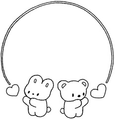 하트를 보내는 곰과 토끼 캐릭터 원형 프레임 손그림 © titi.drawing