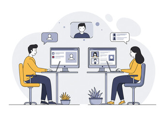 Illustration of two people video conferencing with each other on their computers online