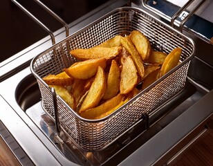 commercial deep fryer with crispy potato wedges