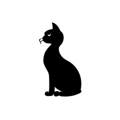 Silhouette of a black cat sitting upright with a unique beak like feature on its face in a simple design