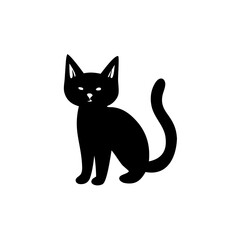 Illustration of a black cat sitting with its tail curled up and pointy ears on a white background