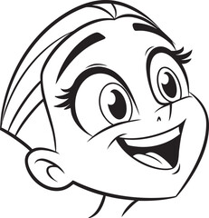 Enthusiastic Cartoon Girl Head Smiling with Joyful Expression and Happiness in Black and White