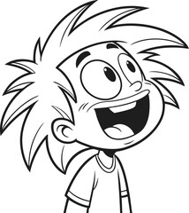Cartoon Boy with Spiky Hair Laughing Joyfully in Black and White Illustration Style