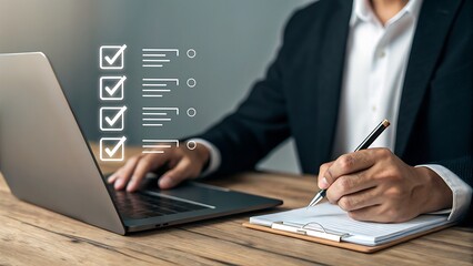 Completing Digital Checklist with Laptop: Business Professional Manages Tasks and Notes on Clipboard with Checkmarks.