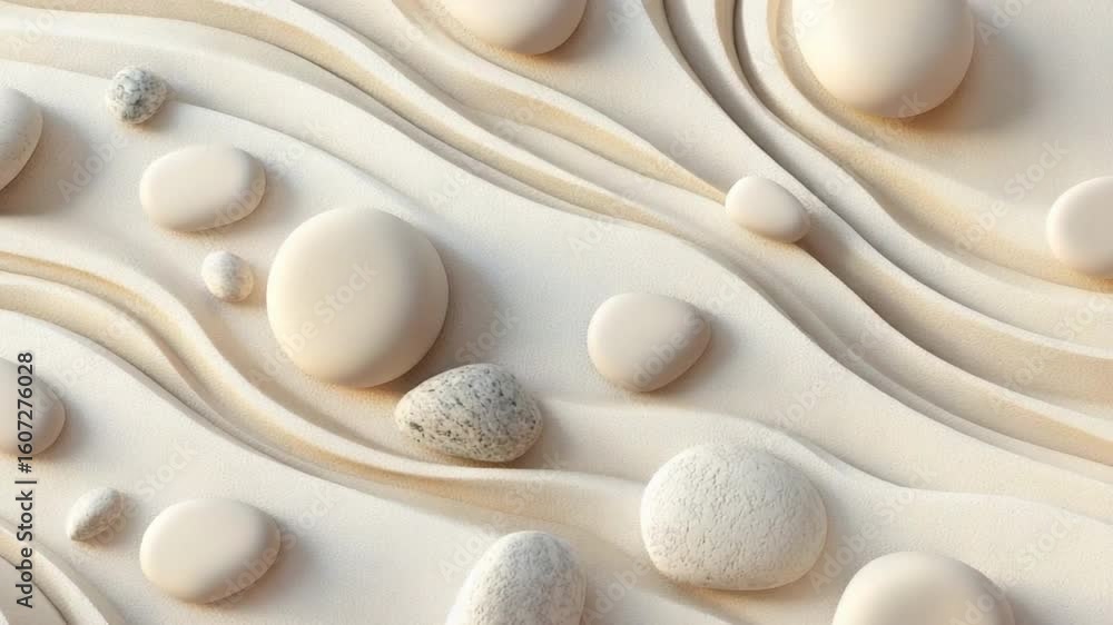 Poster abstract composition of smooth pebbles nestled in soft, textured layers, creating a harmonious and s