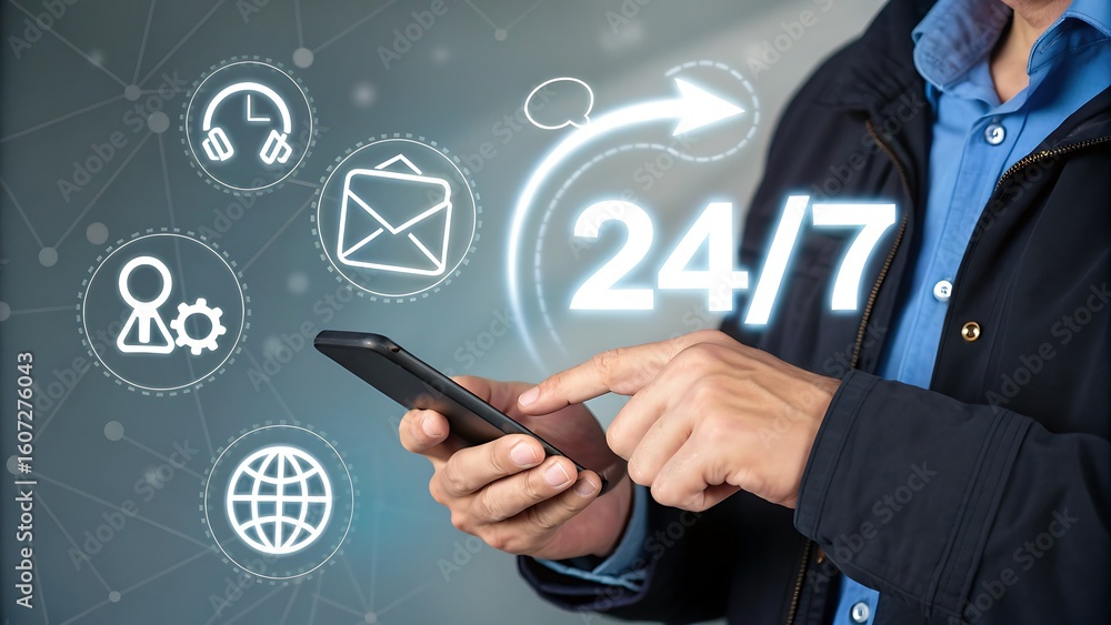 Poster continuous assistance: man using phone for support services available around the clock, connection a