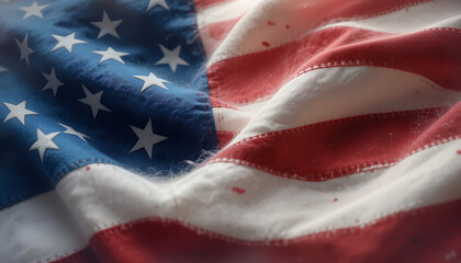  Dark red navy blue white USA American flag close-up. Draped fabric texture. Star-spangled banner with shadows. Bold wavy stripes. Soft lighting. National pride. Freedom symbol. Vintage tone.