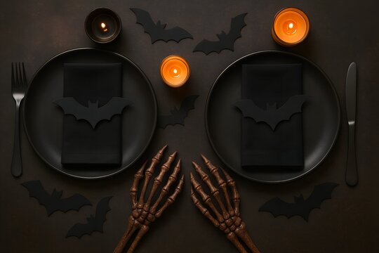 Top-down view of a spooky Halloween dinner table decorated with black plates, bat-themed napkins, skull utensils, and flickering candles in moody lighting.