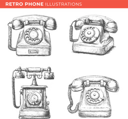 Set illustrations of retro phone isolated on transparent background. Vector illustration