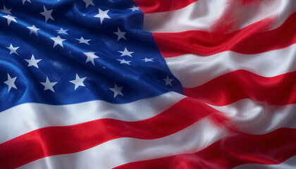 Dark red navy blue white USA American flag close-up. Draped fabric texture. Star-spangled banner with shadows. Bold wavy stripes. Soft lighting. National pride. Freedom symbol. Vintage tone.