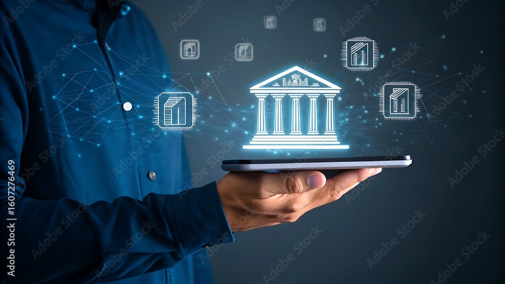 Poster digital era: person holding tablet displaying virtual building, network nodes representing modern in