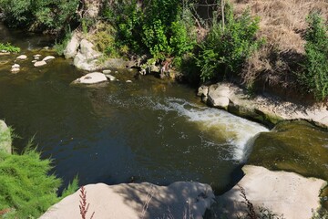 Gentle stream flows over rocks surrounded by lush greenery in a tranquil natural setting during daytime