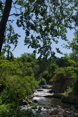 Tranquil river flowing through lush greenery under a clear blue sky in mid afternoon