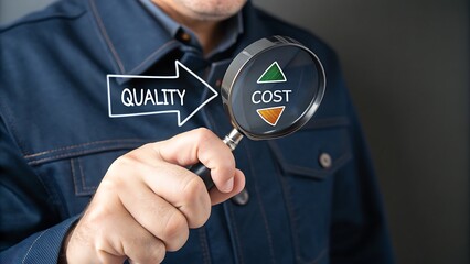 Examining quality and minimizing expenses: A magnifying glass emphasizes the connection between superior standards and reduced expenditures for greater efficiency.