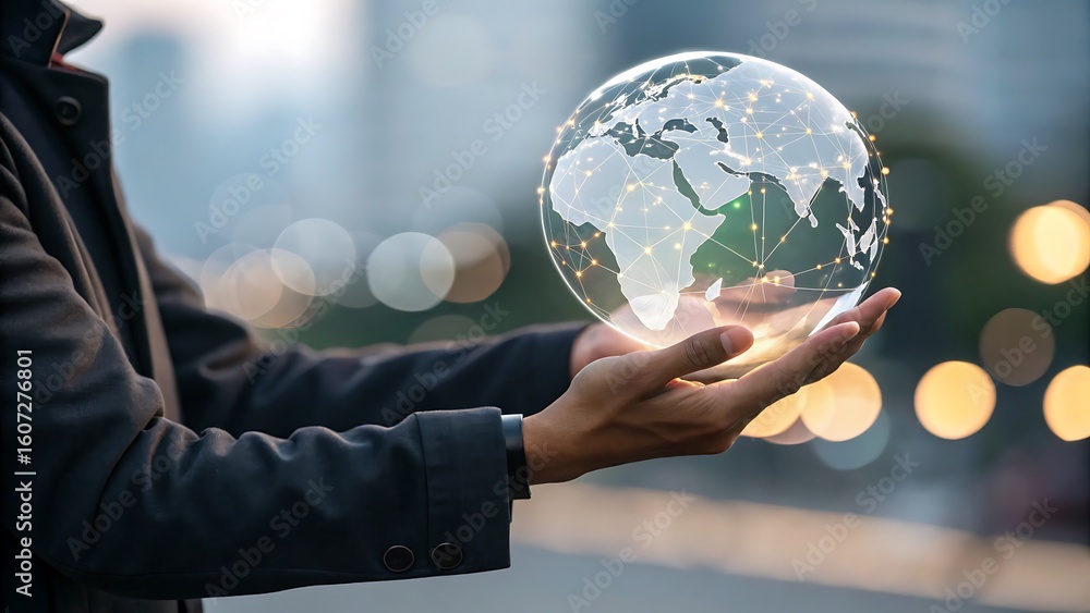 Poster global connection in hands: man holds luminous world globe representing worldwide network and techno