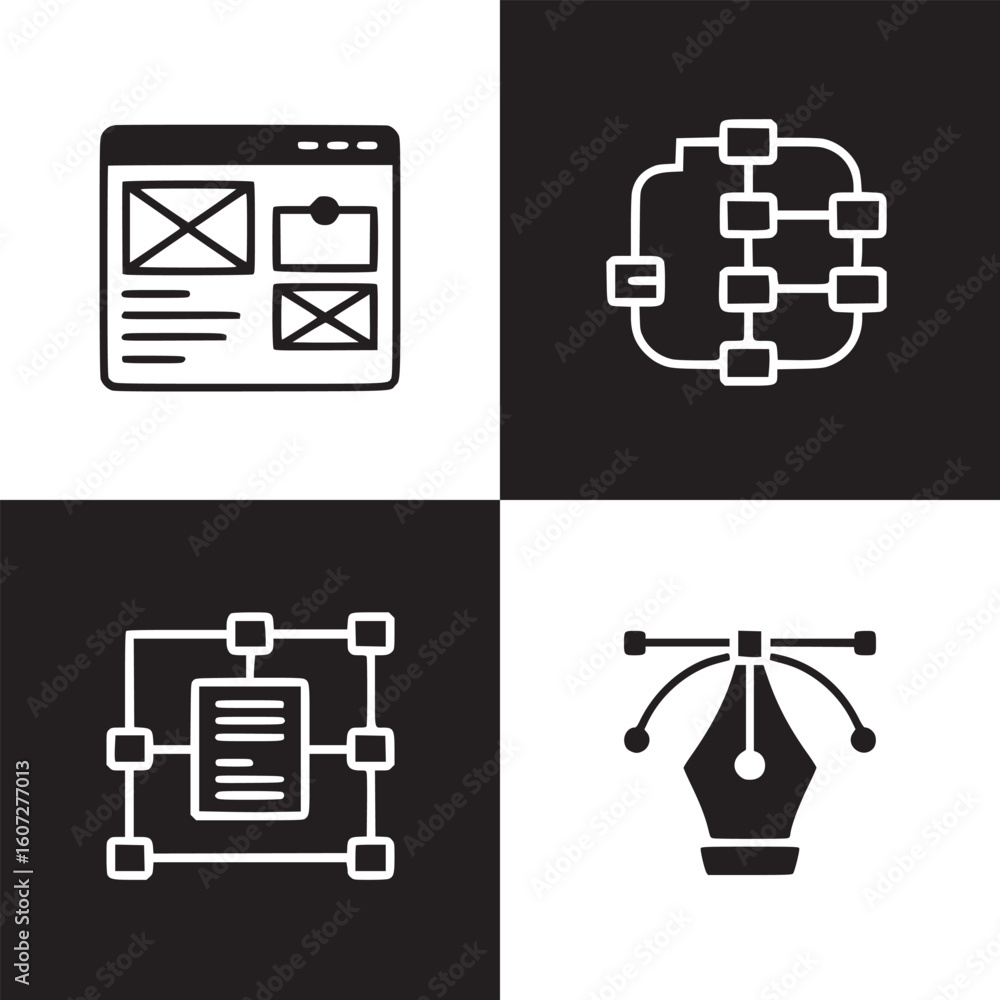 Poster web design process and workflow icons: website wireframe, flowchart, content strategy, vector design