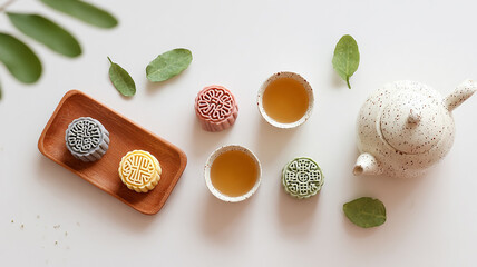 Mid-Autumn tea and dessert combination for food photography, festival scene, cultural display, creative design