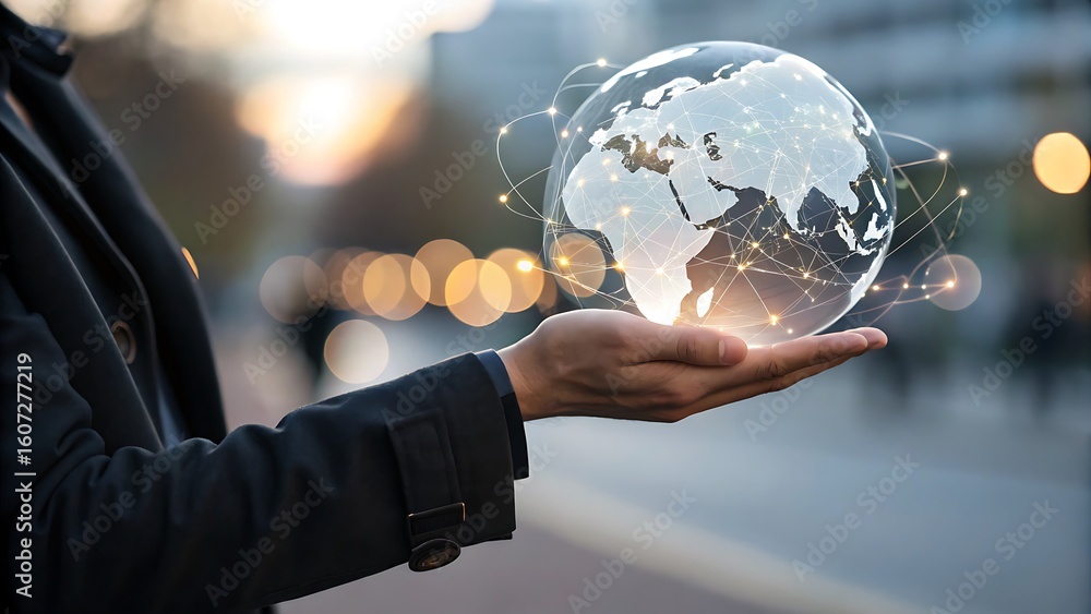 Aufkleber global network in palm of hand: conceptual connection visualization for business, technology, commun