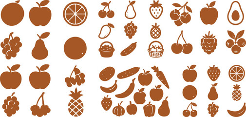A diverse assortment of fruit icons, including apples, pears, berries, bananas, and citrus, are presented in a consistent brown silhouette style.