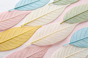 A delicate arrangement of translucent skeleton leaves in pastel shades of pink, blue, green, and yellow creates an intricate natural pattern