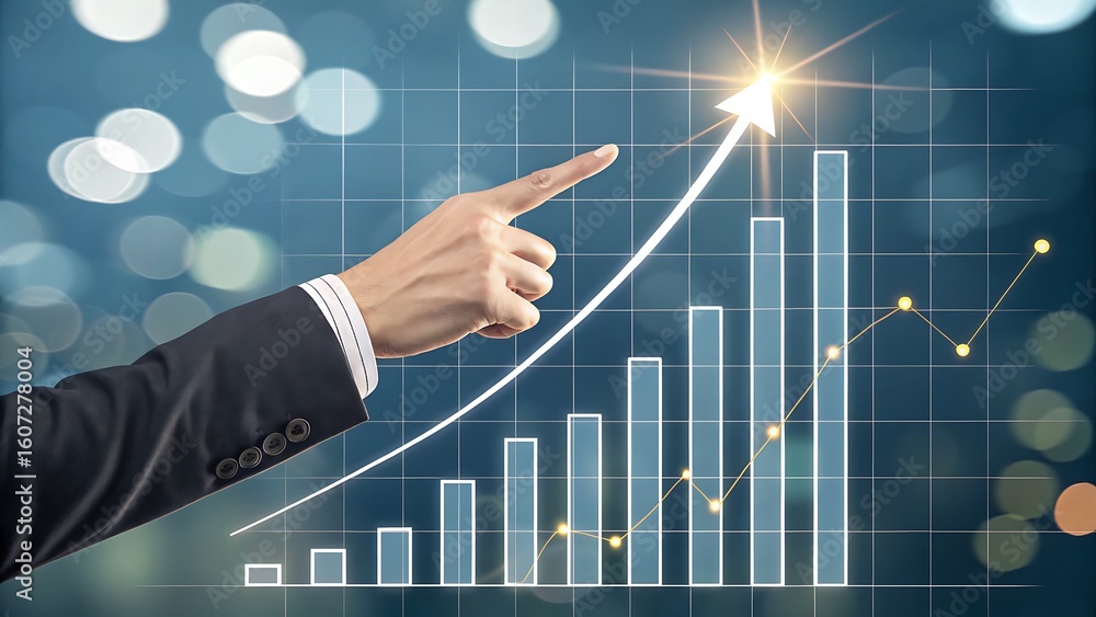 Poster hand pointing at increasing graph with upward arrow representing business growth and financial succe