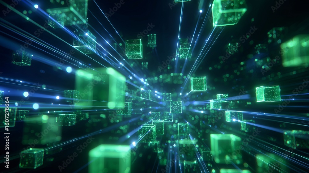 Poster an abstract digital landscape of interconnected glowing cubes, representing the vastness and complex