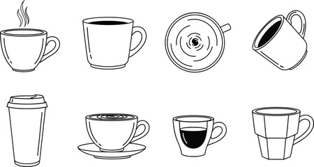 Fototapeta premium Set of hand drawn coffee cups and mugs in various styles and sizes on a white background