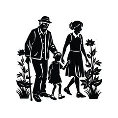 grandparents walking with granddaughter vector silhouette