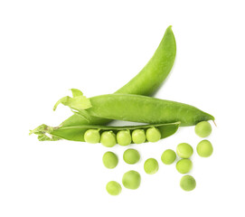 Fresh green peas in pods isolated on white, top view