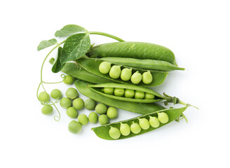Fresh green peas in pods and sprout isolated on white, top view