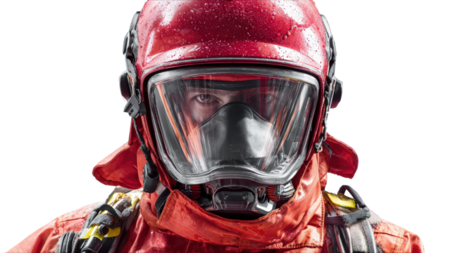 Firefighting suit with helmet visor flipped up background isolated on a Transparent background, PNG file.