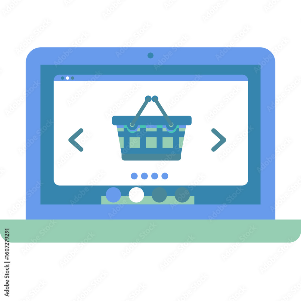 Poster laptop displaying a shopping cart icon with navigation arrows and dots