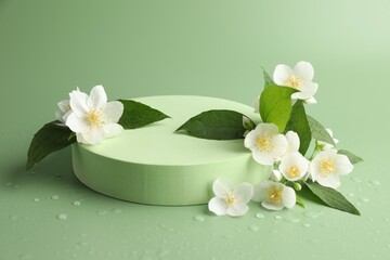 Beautiful jasmine flowers with leaves on green background