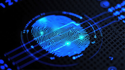Futuristic digital security concept with blue binary code forming a fingerprint pattern, illustrating the intricate relationship between human identity and technological data