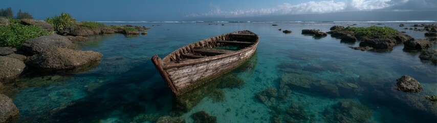 Obraz premium Abandoned boat in crystal clear water coastal area hdr panoramic 360 degree view